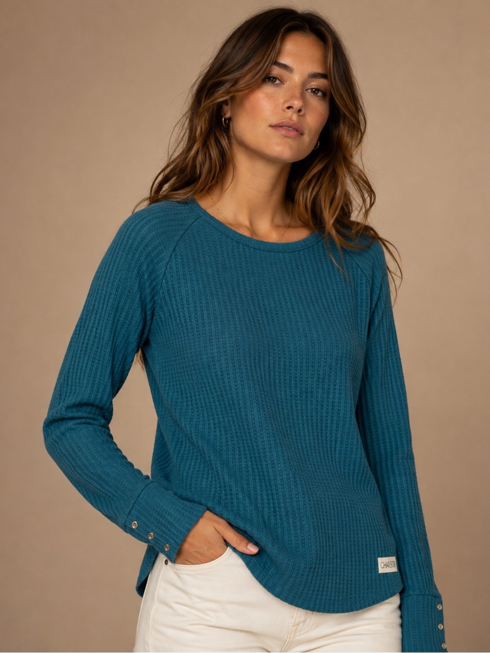 Chaser Waffle Knit Long Sleeve Top | Teal | Size Large